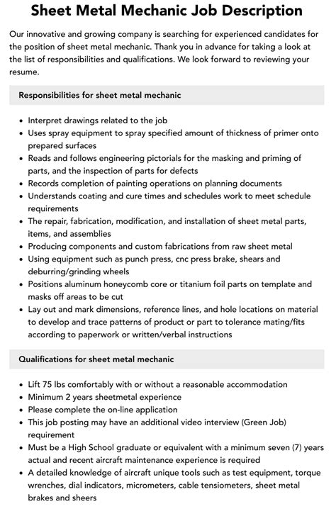 hvac sheet metal installer job description|sheet metal mechanic job duties.